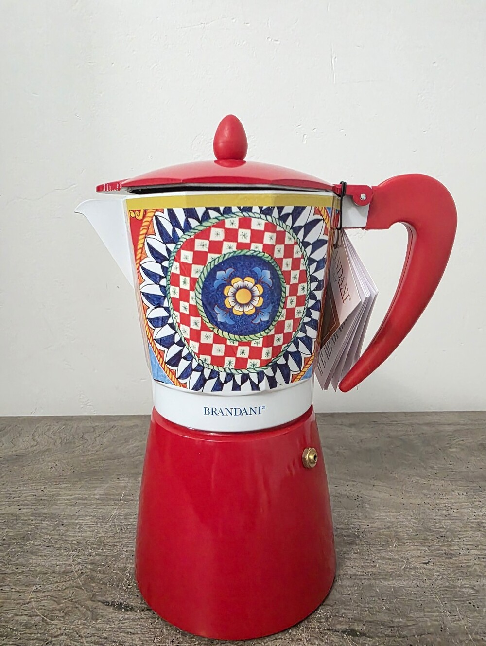 Brandani Moka Pot Italian Coffee Maker 9 Cup Aluminum Red Sicilian Tile Espresso